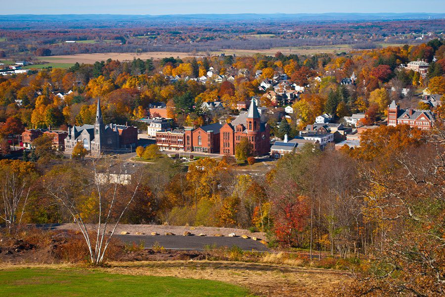 Avon, CT - Scenic Aerial View of Small Town in CT in the Fall